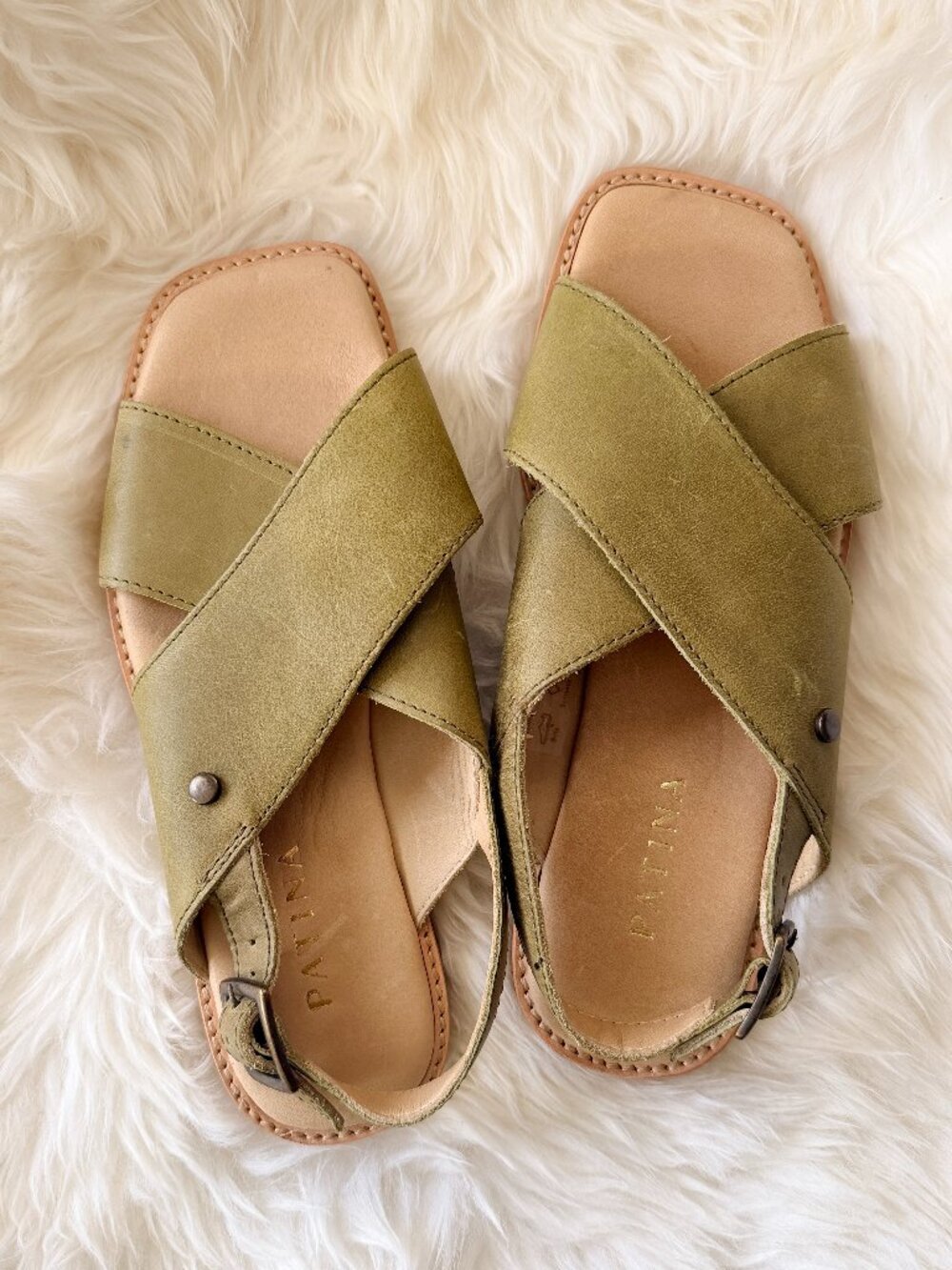 Patina Olive Crisscross Leather Slingback Sandals